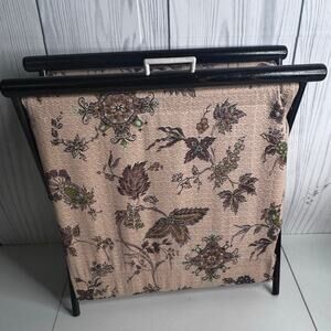 VTG MCM Wood Framed Folding Knit Craft Sew Yarn Basket Floral Design Pink